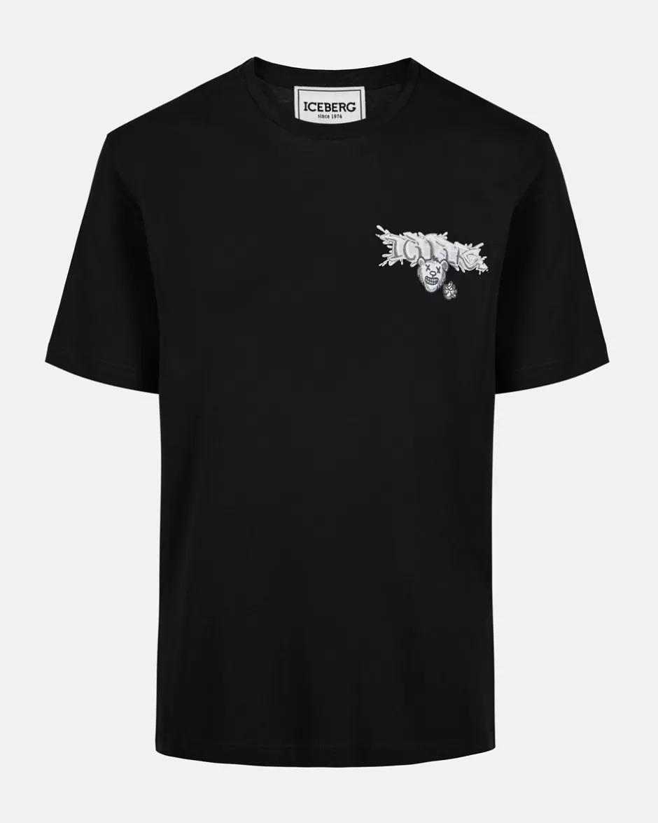 Fashion Black Cotton Jersey T-shirt With Splash And Bear Logo Print On The Heart T-Shirts And Polo
