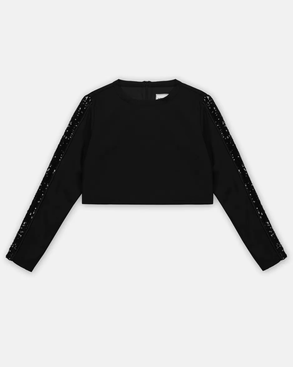 Best Black Crew Neck Crop Sweatshirt With Sequins And Zip On The Back Kids Girl Fw24