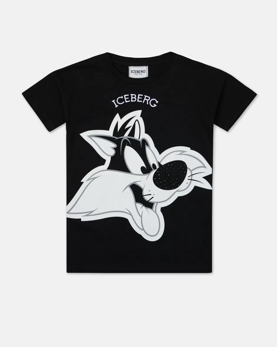 Discount Black Crew Neck Short Sleeve T-shirt With Sylvester The Cat And Logo Kids Girl Fw24