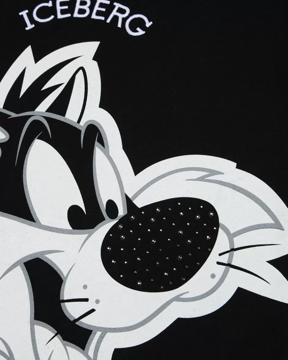 Discount Black Crew Neck Short Sleeve T-shirt With Sylvester The Cat And Logo Kids Girl Fw24