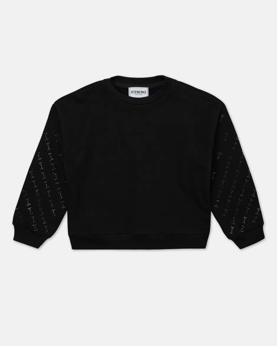 Sale Black Crew-neck Crop Sweatshirt With Studs Kids Girl Fw24