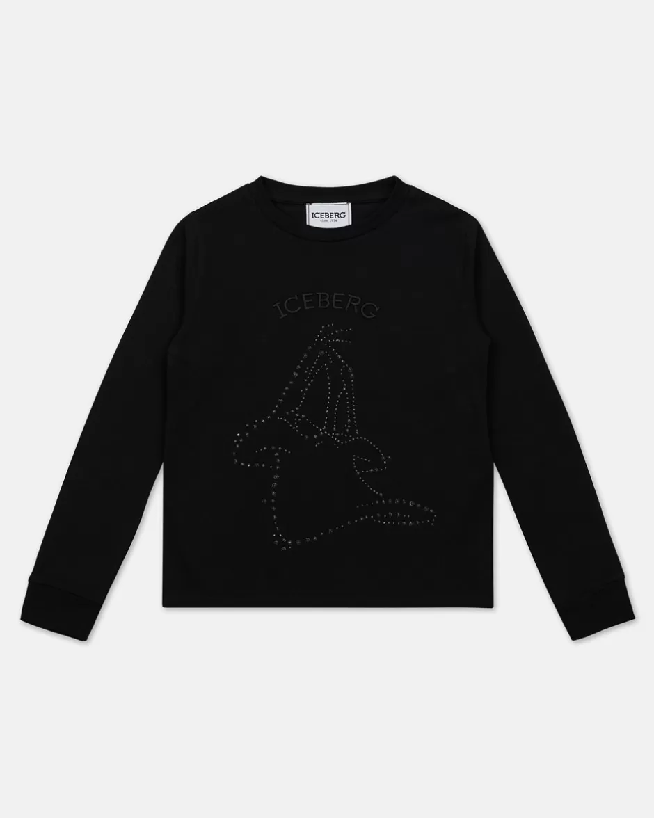 New Black Crewneck Sweatshirt With Studs And Logo Kids Girl Fw24