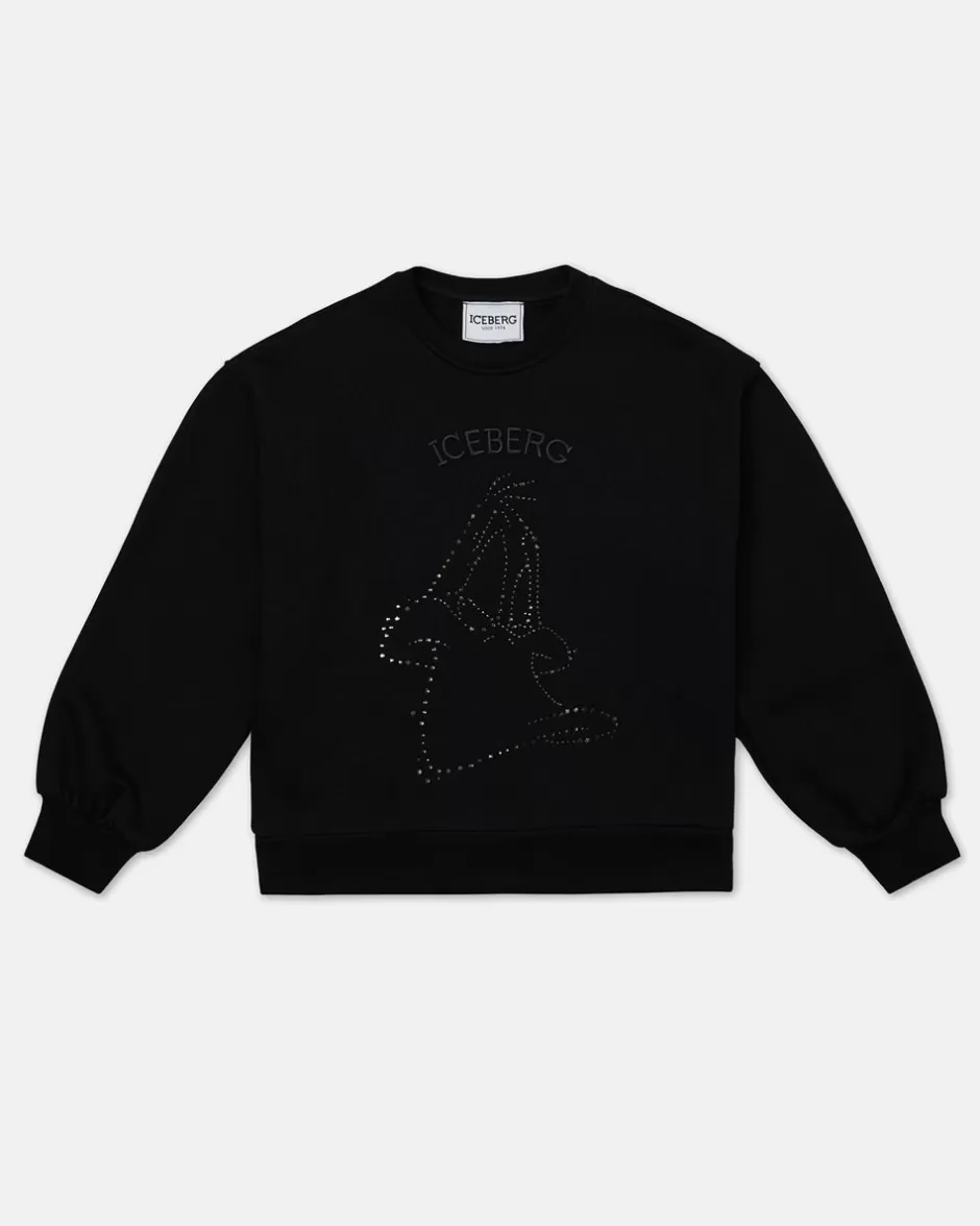 Shop Black Crewneck Sweatshirt With Studs And Logo Kids Girl Fw24