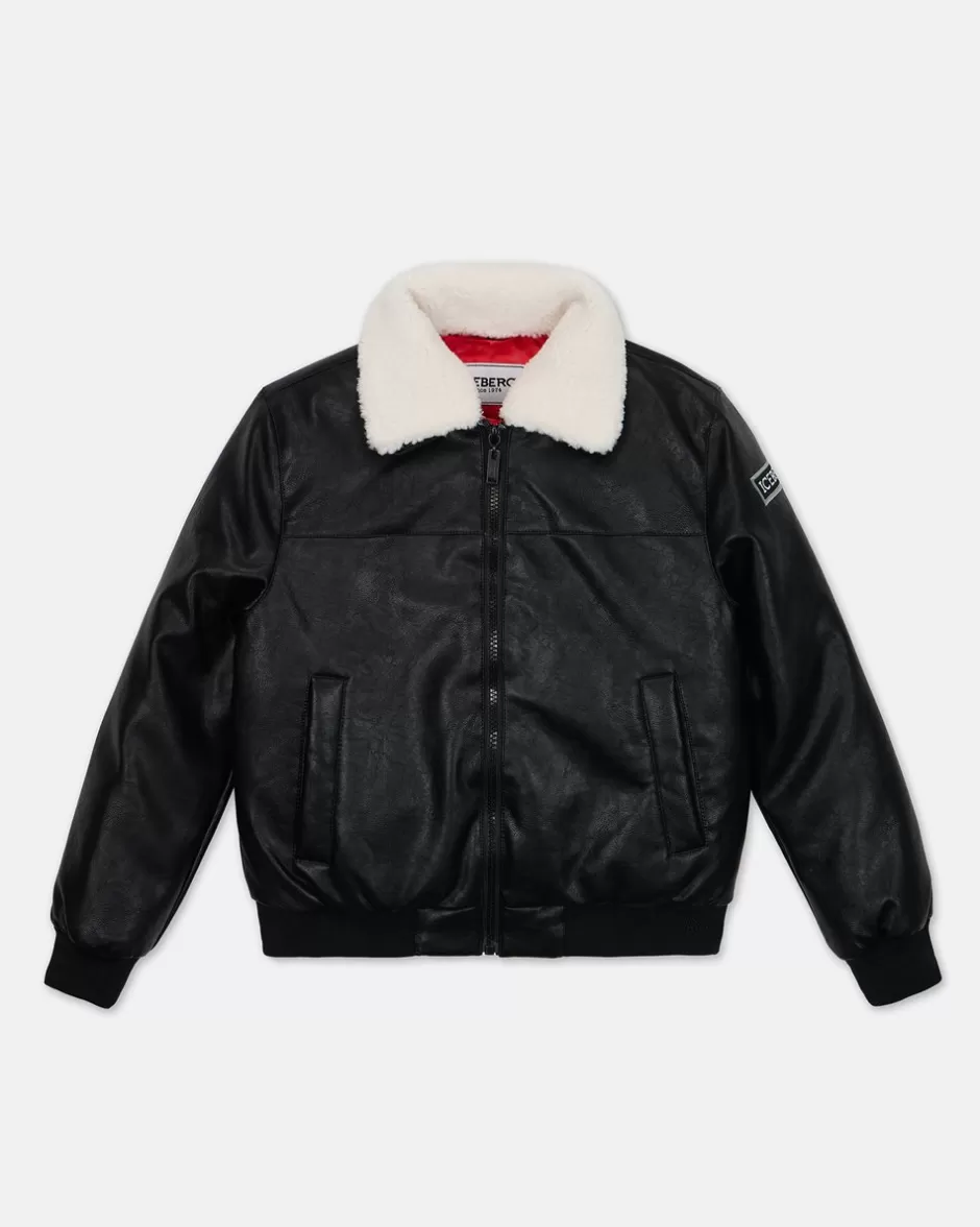 Clearance Black Eco-leather Aviator Style Jacket With Logo Kids/BOY Boy Fw24