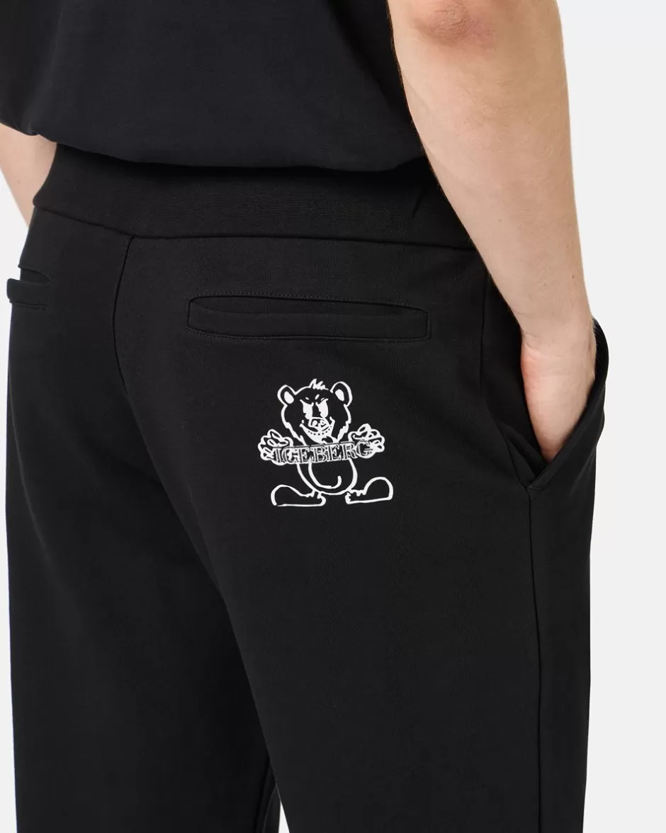 Fashion Black Jogger Regular Fit Trousers In Fleece With Bear Print And Logo Trousers