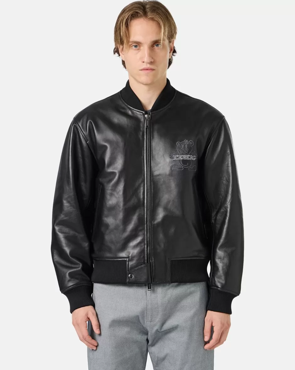 Cheap Black Leather Bomber Jacket With Bear Embroidery And Double Slider Zip With Logo Outerwear