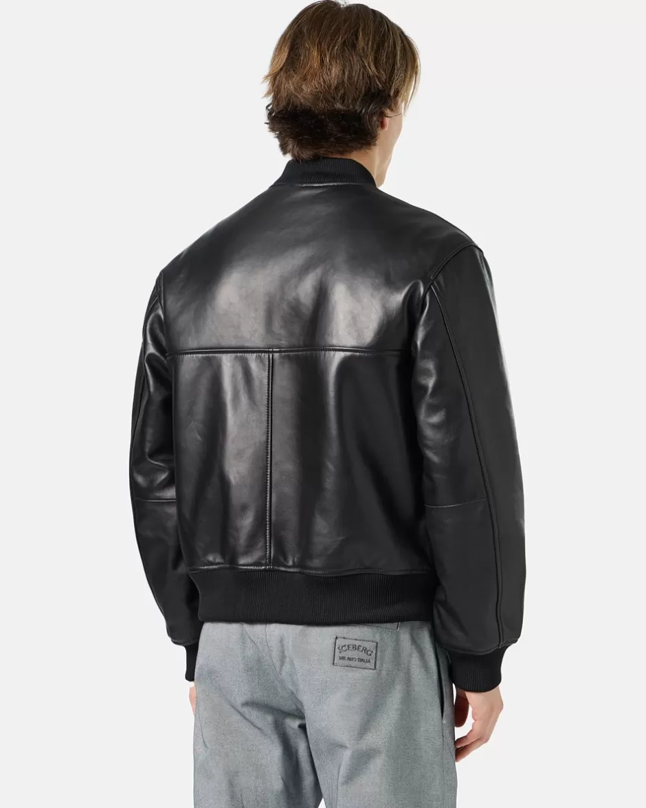 Cheap Black Leather Bomber Jacket With Bear Embroidery And Double Slider Zip With Logo Outerwear