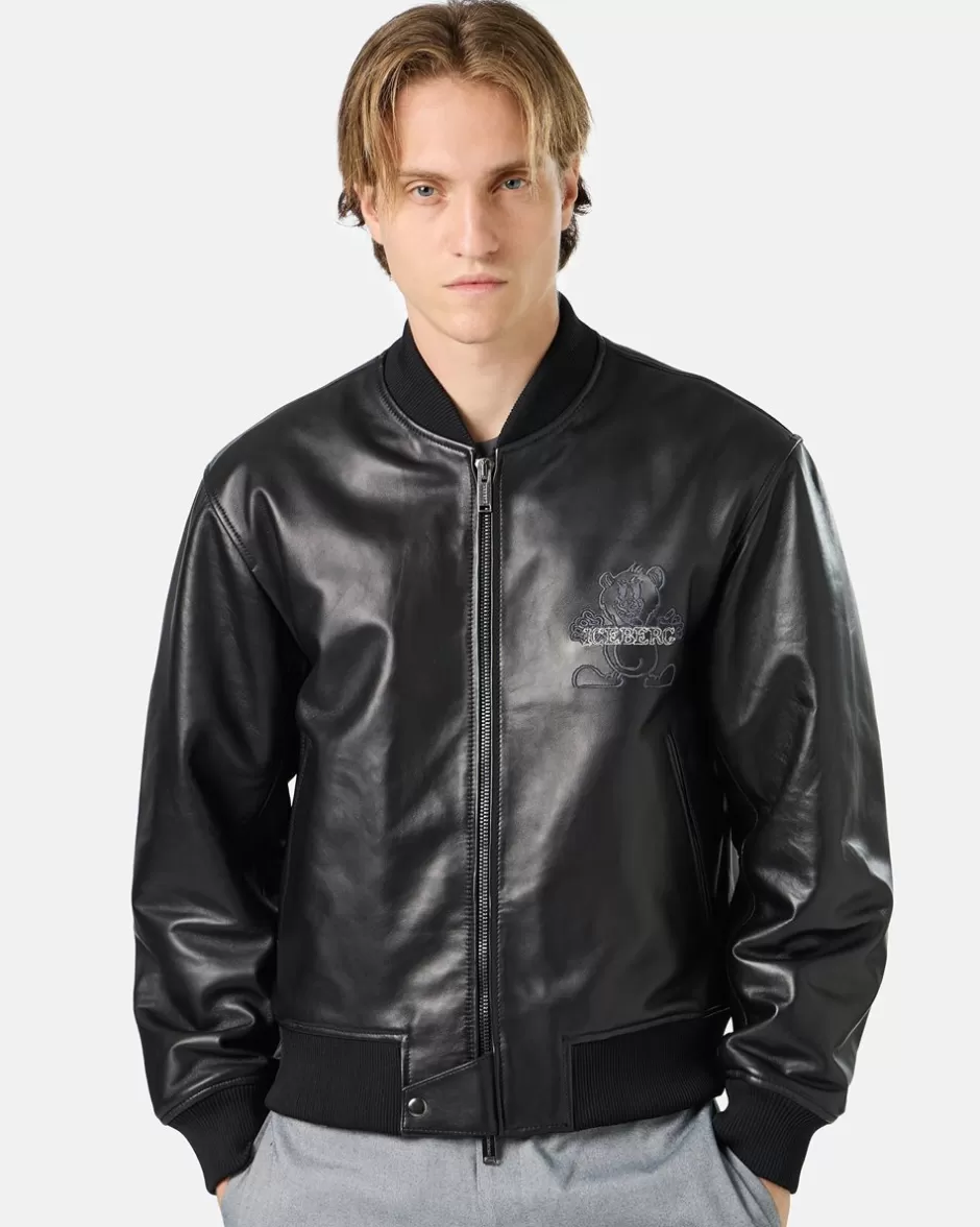 Cheap Black Leather Bomber Jacket With Bear Embroidery And Double Slider Zip With Logo Outerwear