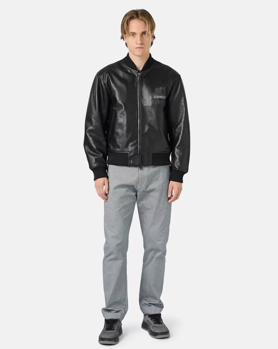 Cheap Black Leather Bomber Jacket With Bear Embroidery And Double Slider Zip With Logo Outerwear