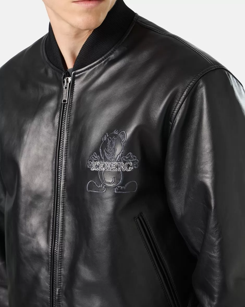Cheap Black Leather Bomber Jacket With Bear Embroidery And Double Slider Zip With Logo Outerwear