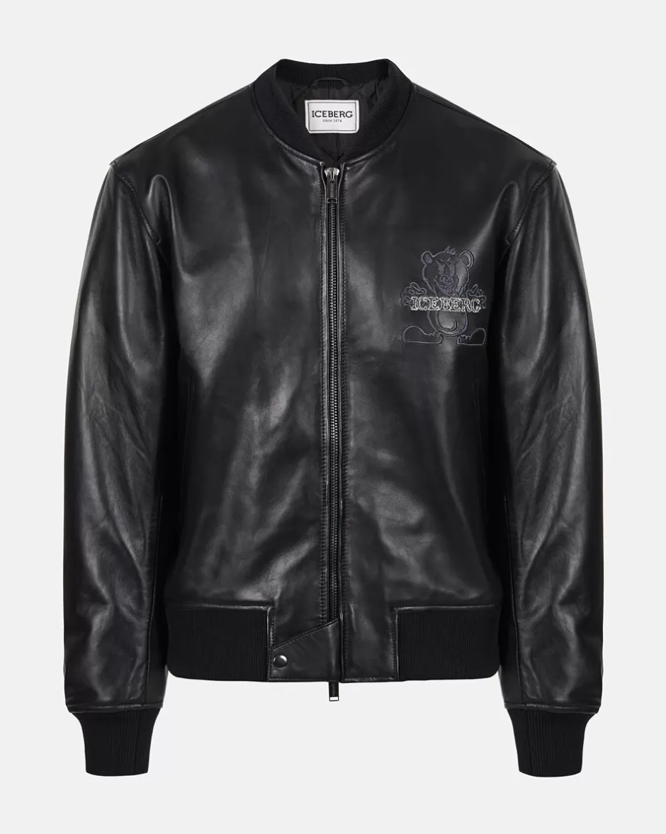 Cheap Black Leather Bomber Jacket With Bear Embroidery And Double Slider Zip With Logo Outerwear