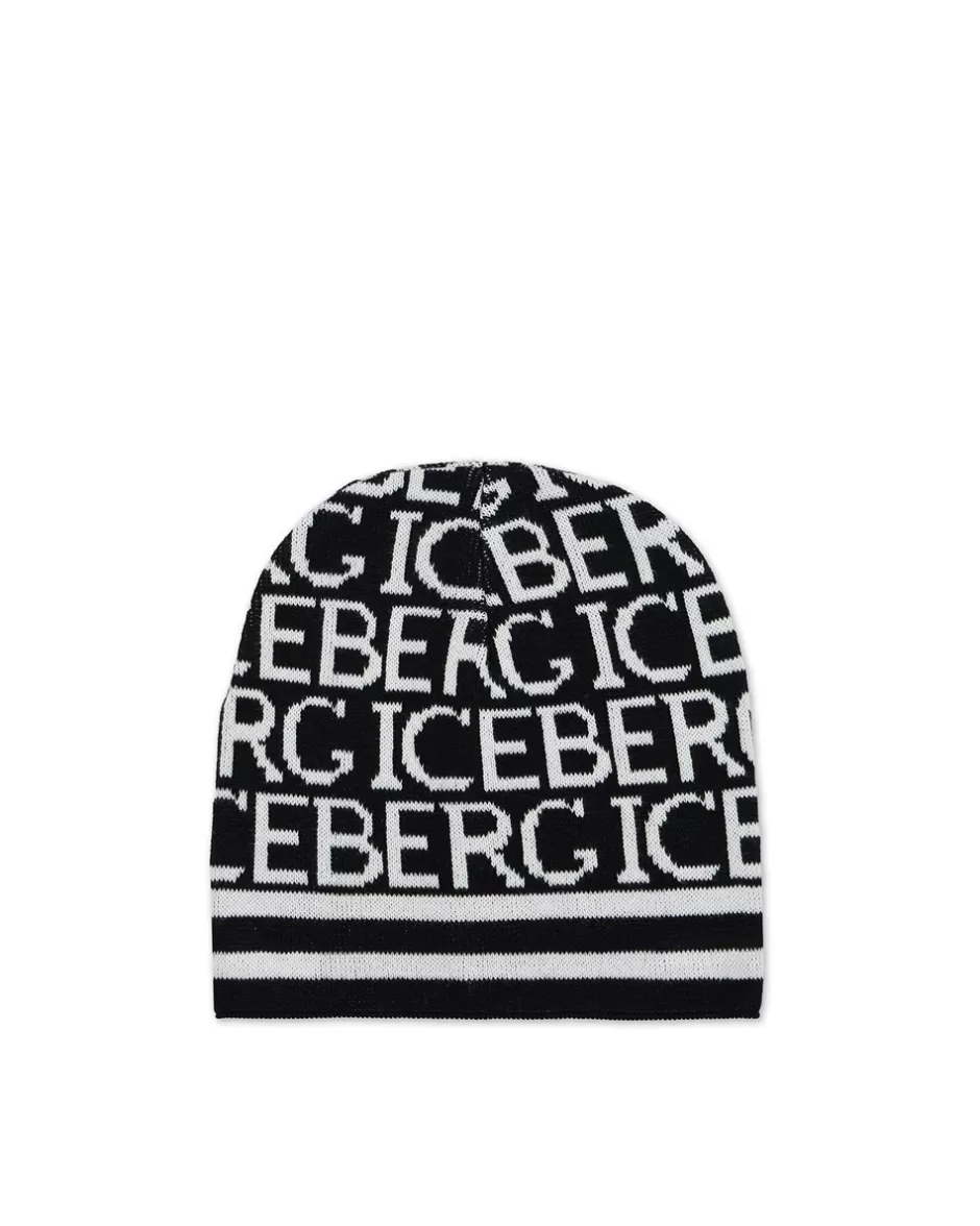 Clearance Black Wool Beanie Hat With Allover Logo Kids/BOY Boy Fw24