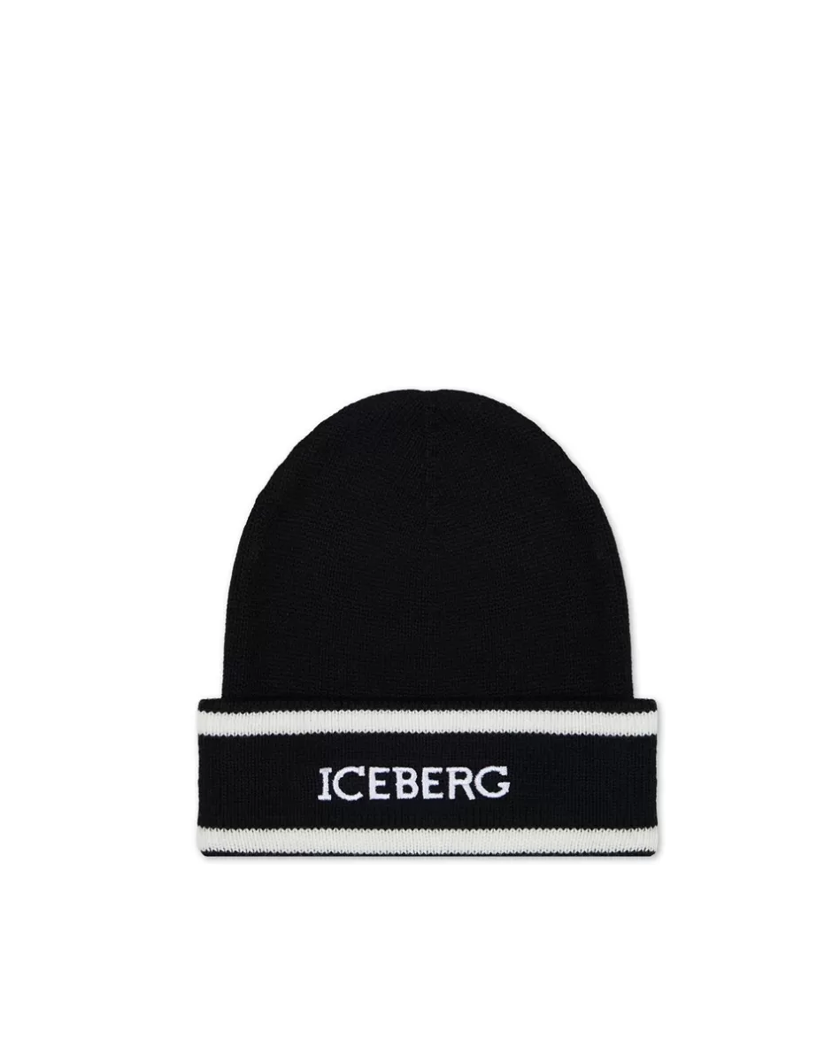 Flash Sale Black Wool Beanie Hat With Logo Kids Girl Fw24