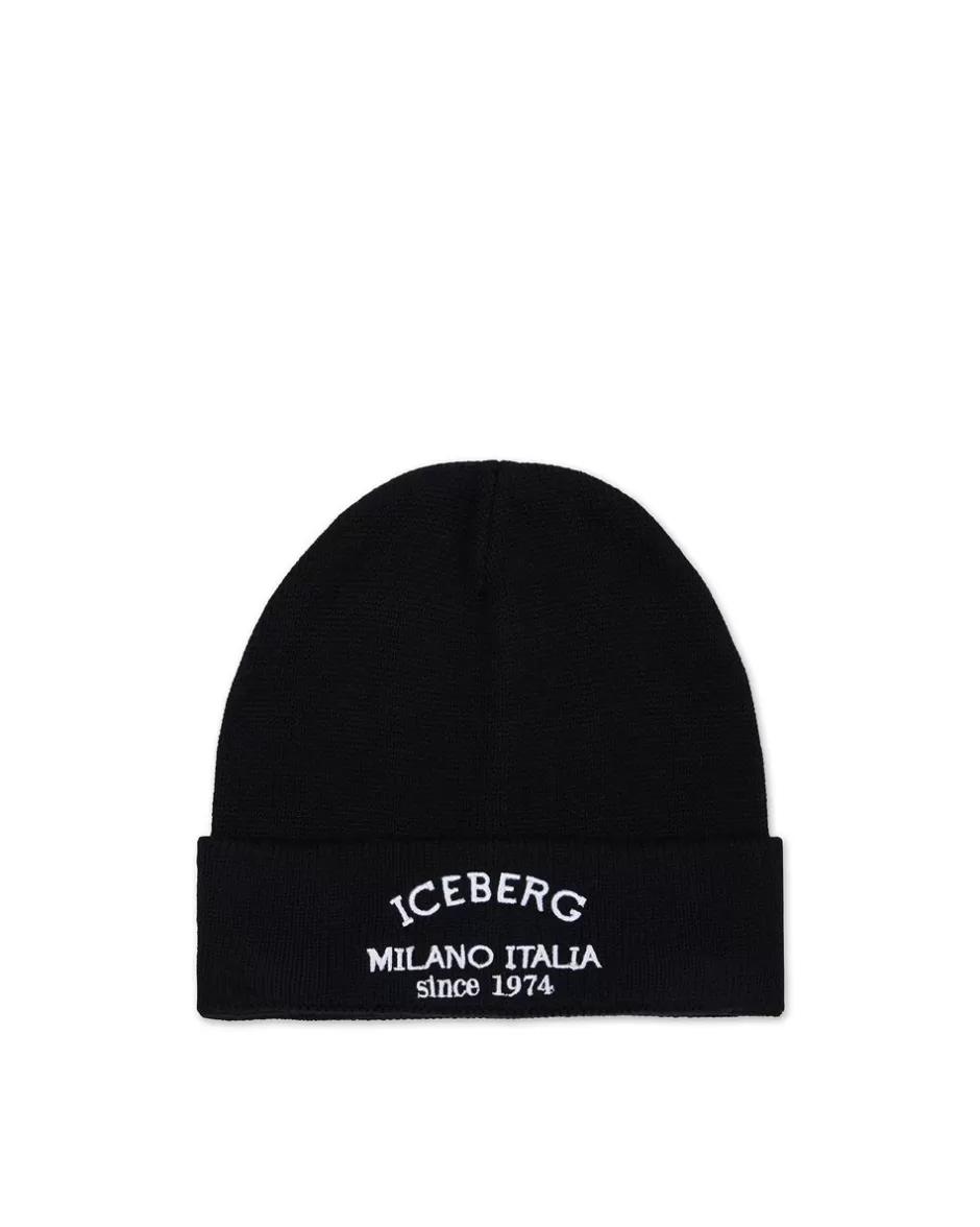 Flash Sale Black Wool Beanie Hat With Logo Kids/BOY Boy Fw24