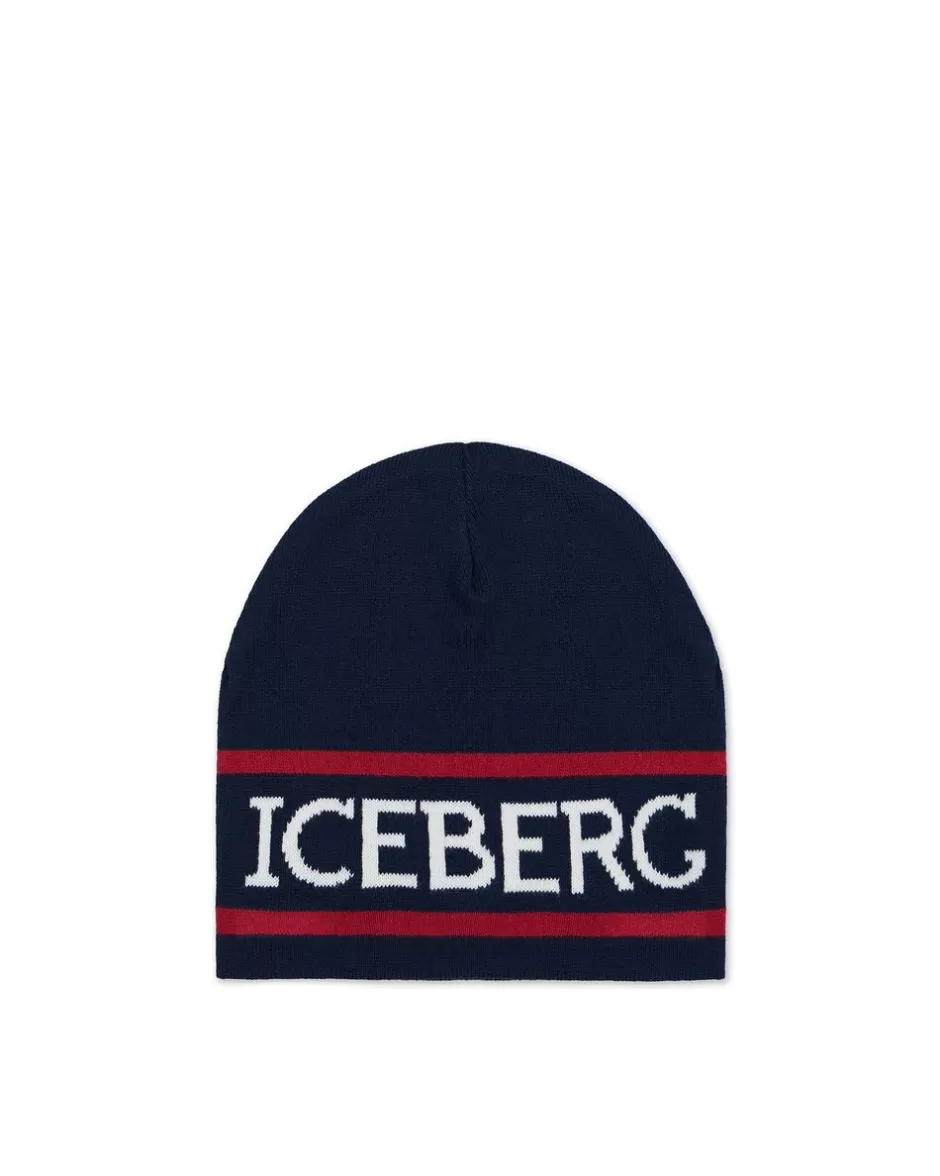 Discount Blue Wool Beanie Hat With Logo Kids/BOY Boy Fw24