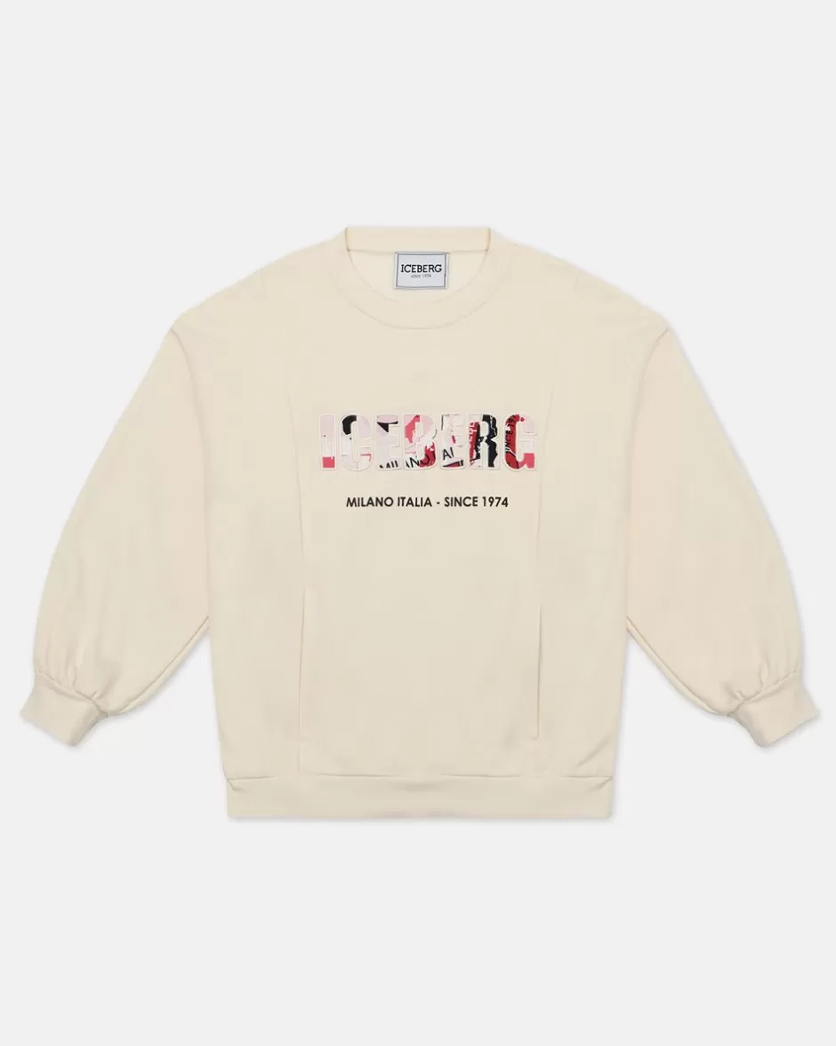 Best Sale Cream-colored Crewneck Sweatshirt With Logo Kids Girl Fw24