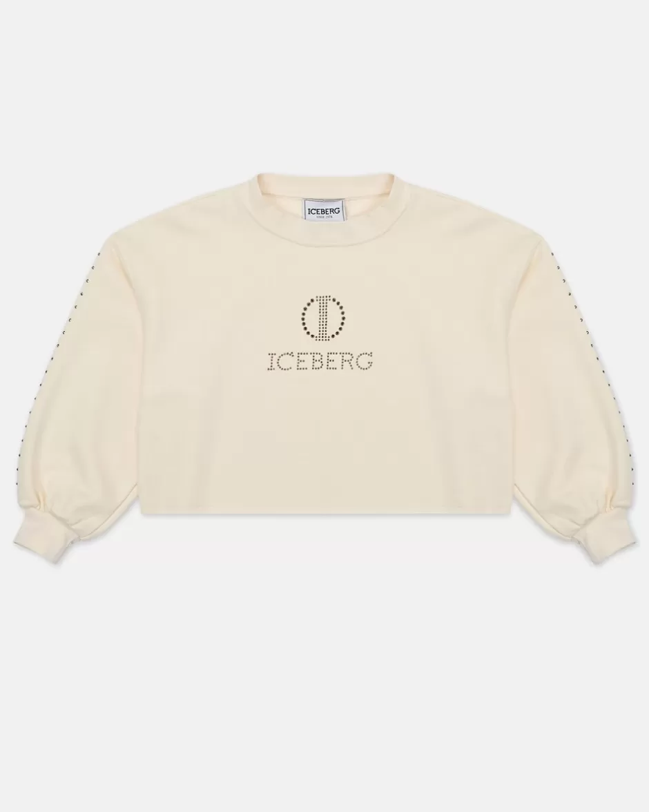 Best Sale Cream-colored Crop Sweatshirt With Studs And Logo Kids Girl Fw24