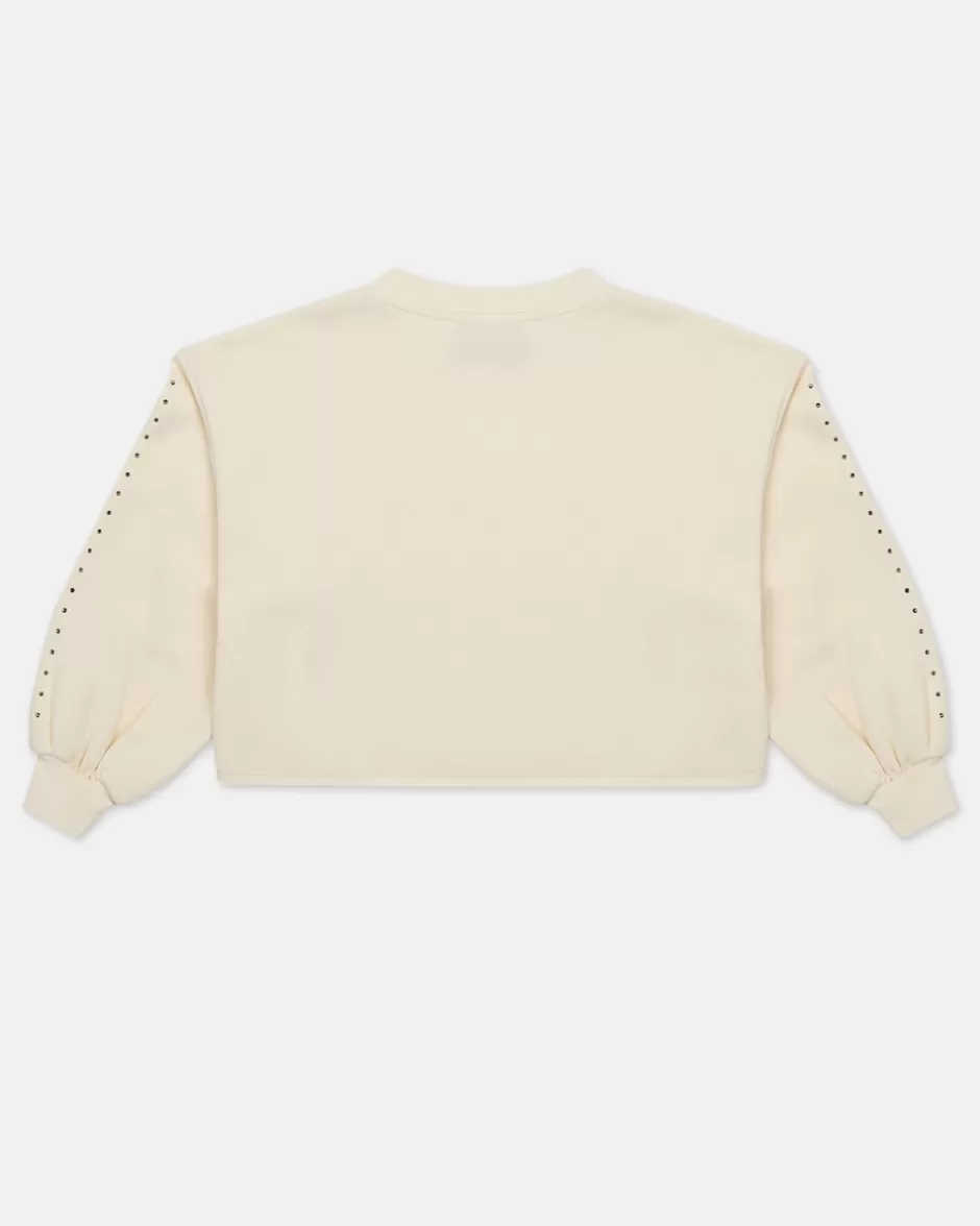 Best Sale Cream-colored Crop Sweatshirt With Studs And Logo Kids Girl Fw24