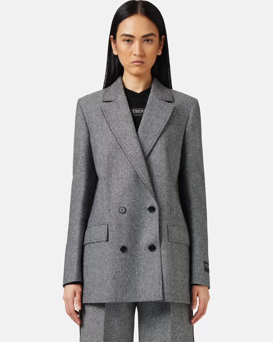 Outlet Double-breasted Jacket In Wool Blend With Herringbone Pattern Women Outerwear