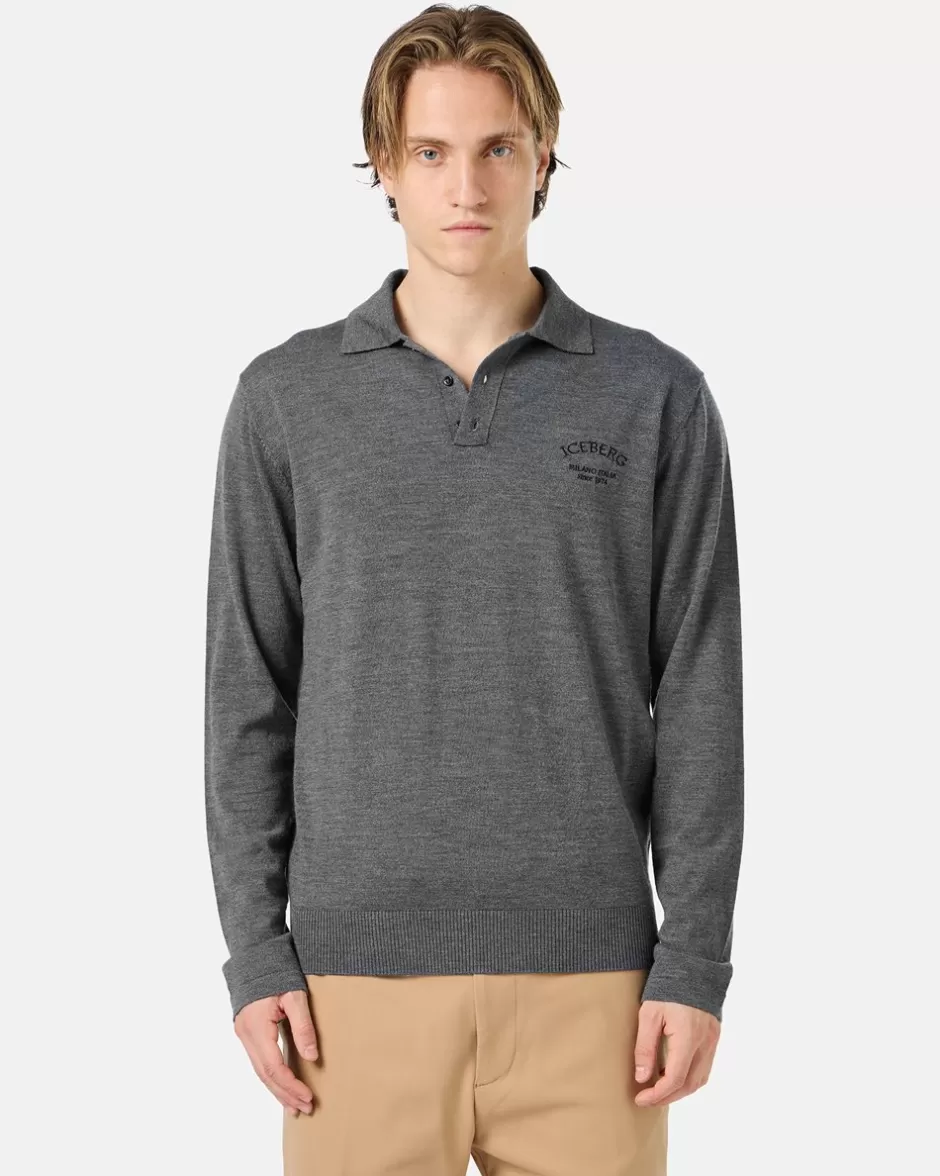 Best Grey Long-sleeved Polo Shirt In Merino Yarn With Logo T-Shirts And Polo | Knitwear