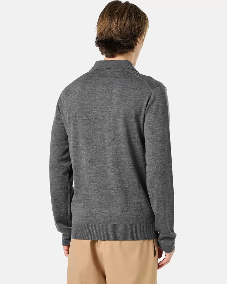 Best Grey Long-sleeved Polo Shirt In Merino Yarn With Logo T-Shirts And Polo | Knitwear