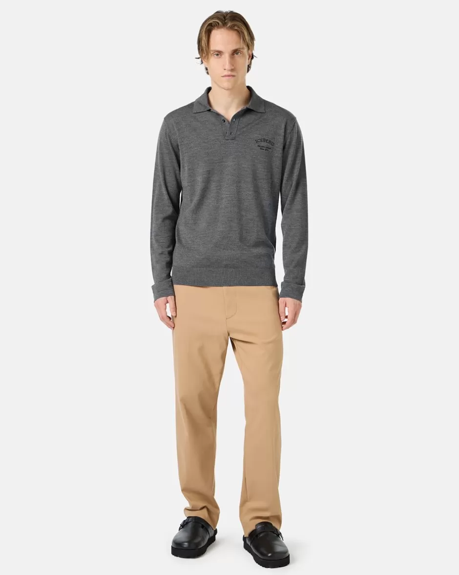 Best Grey Long-sleeved Polo Shirt In Merino Yarn With Logo T-Shirts And Polo | Knitwear