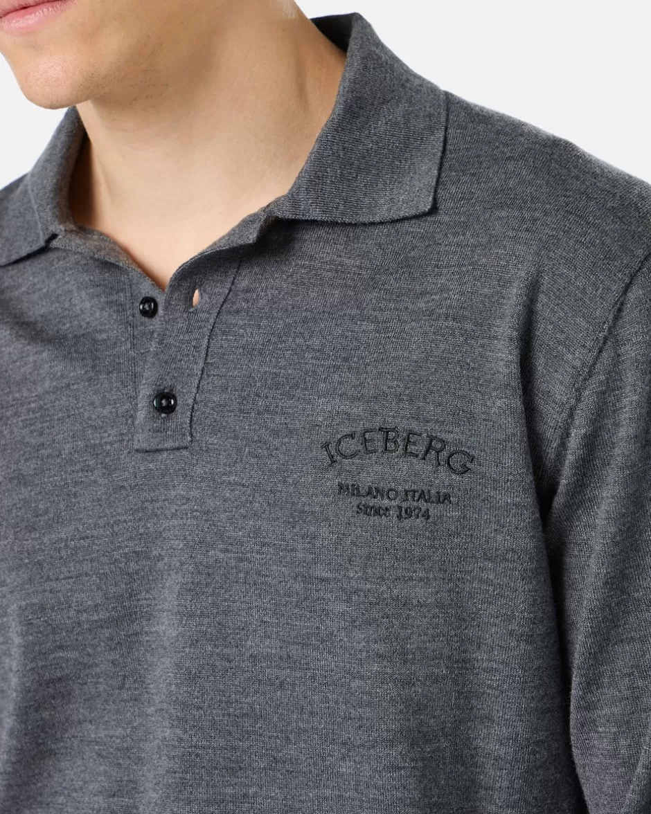 Best Grey Long-sleeved Polo Shirt In Merino Yarn With Logo T-Shirts And Polo | Knitwear