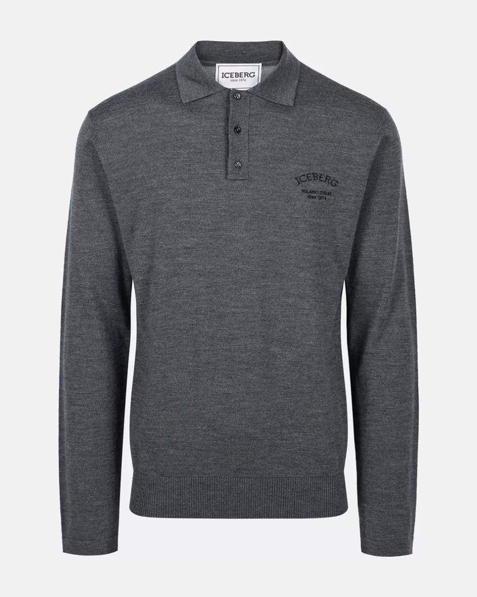 Best Grey Long-sleeved Polo Shirt In Merino Yarn With Logo T-Shirts And Polo | Knitwear