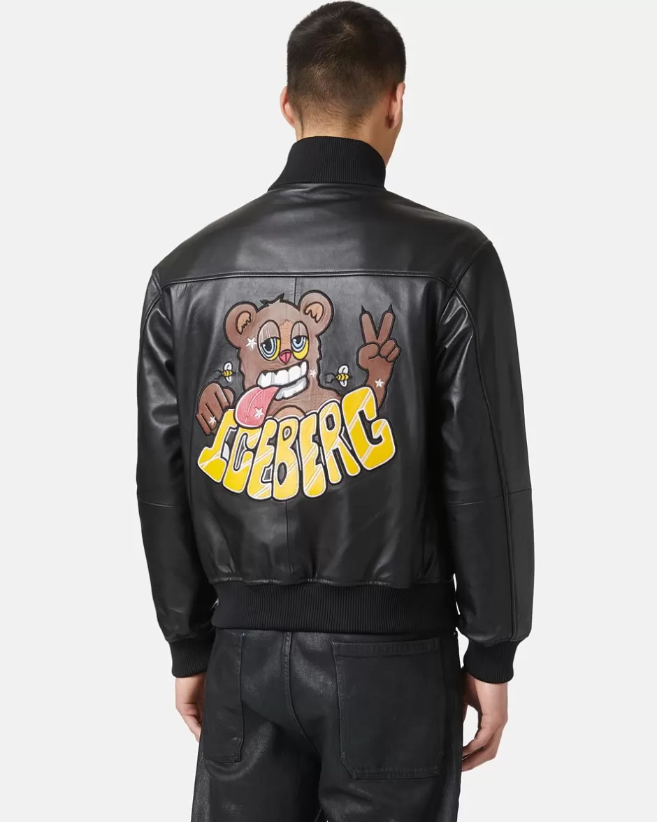 Discount Leather Bomber Jacket With Bear Detail Outerwear