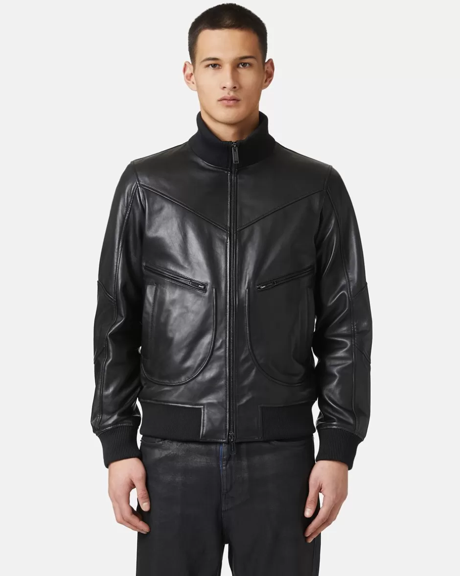 Discount Leather Bomber Jacket With Logo Outerwear