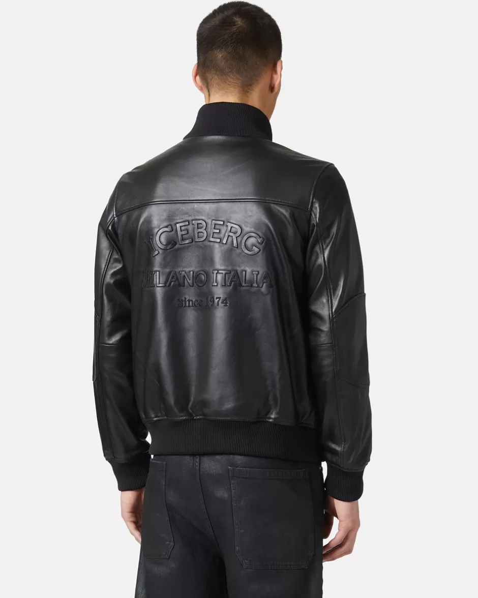 Discount Leather Bomber Jacket With Logo Outerwear