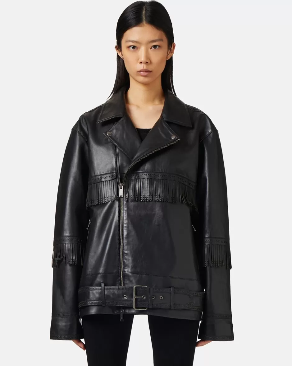 Shop Leather Jacket With Brogue Detail And Fringes Women Outerwear