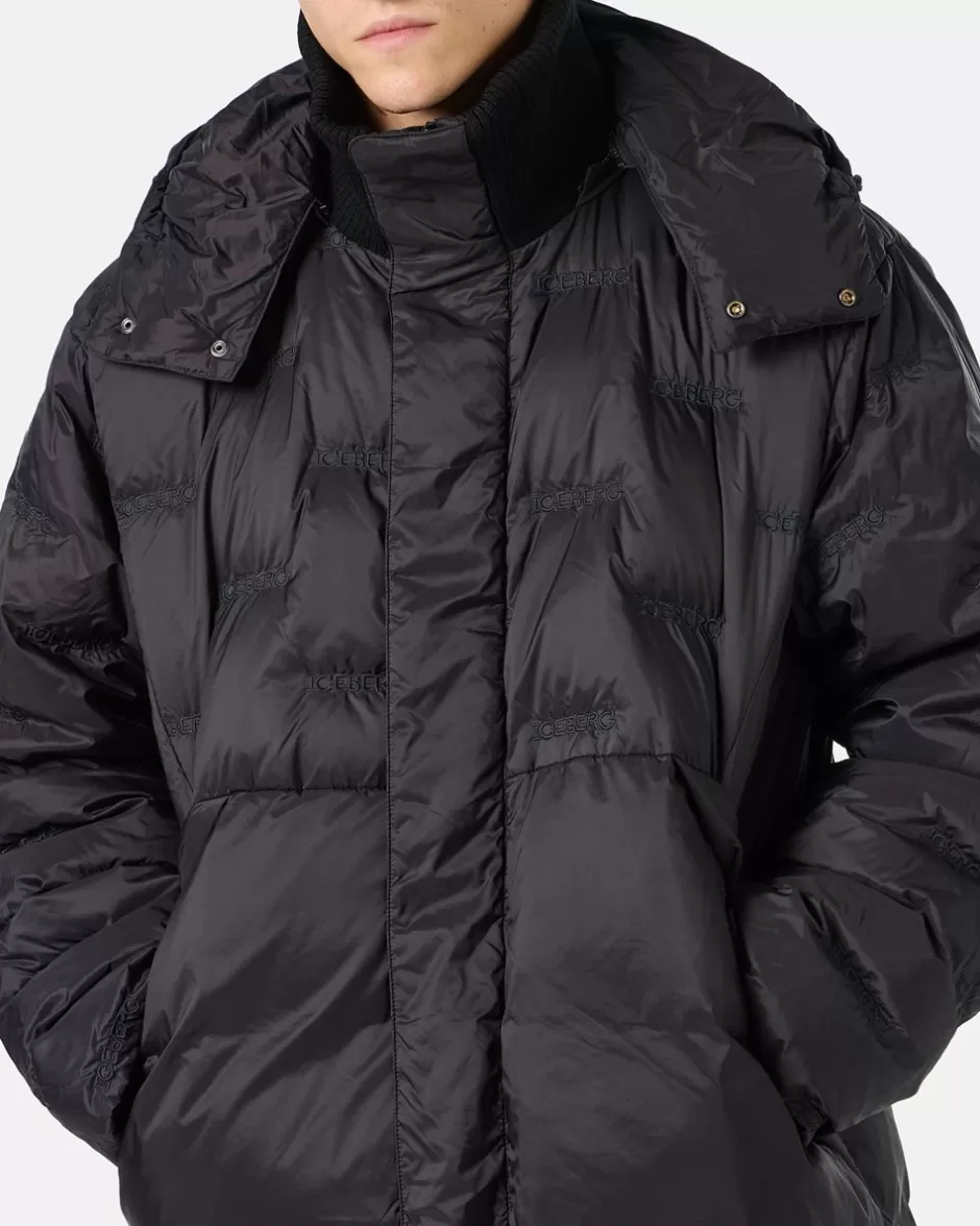 Best Sale Nylon Long Duvet Jacket With Allover Embroidery And Central Zip Outerwear