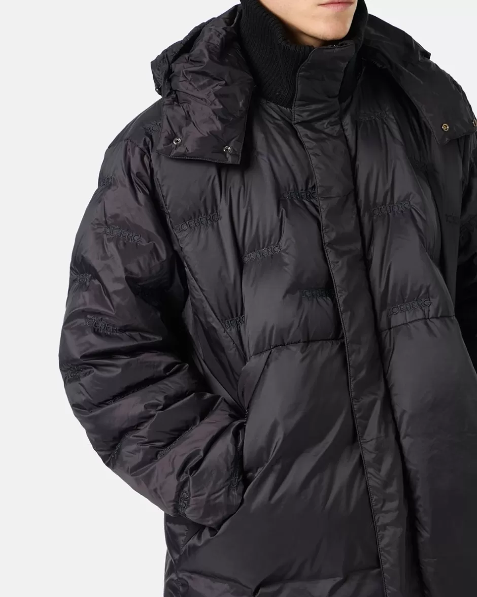 Best Sale Nylon Long Duvet Jacket With Allover Embroidery And Central Zip Outerwear