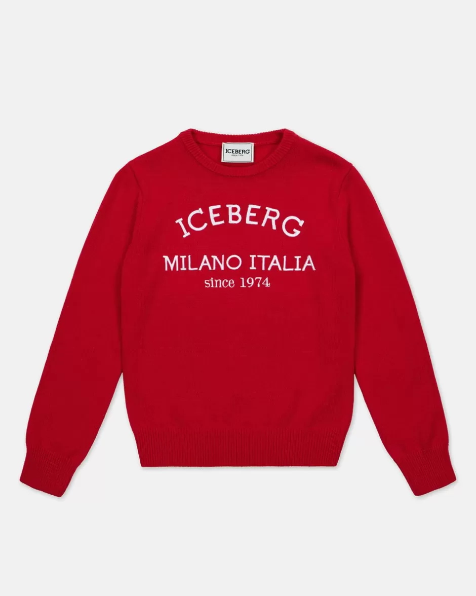 Discount Red Crew Neck Sweater With Logo Kids/BOY Boy Fw24