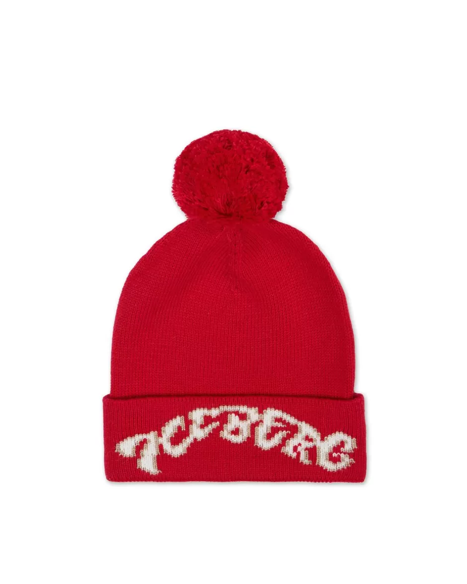 Online Red Wool Beanie Hat With Pom Pom Kids Girl Fw24