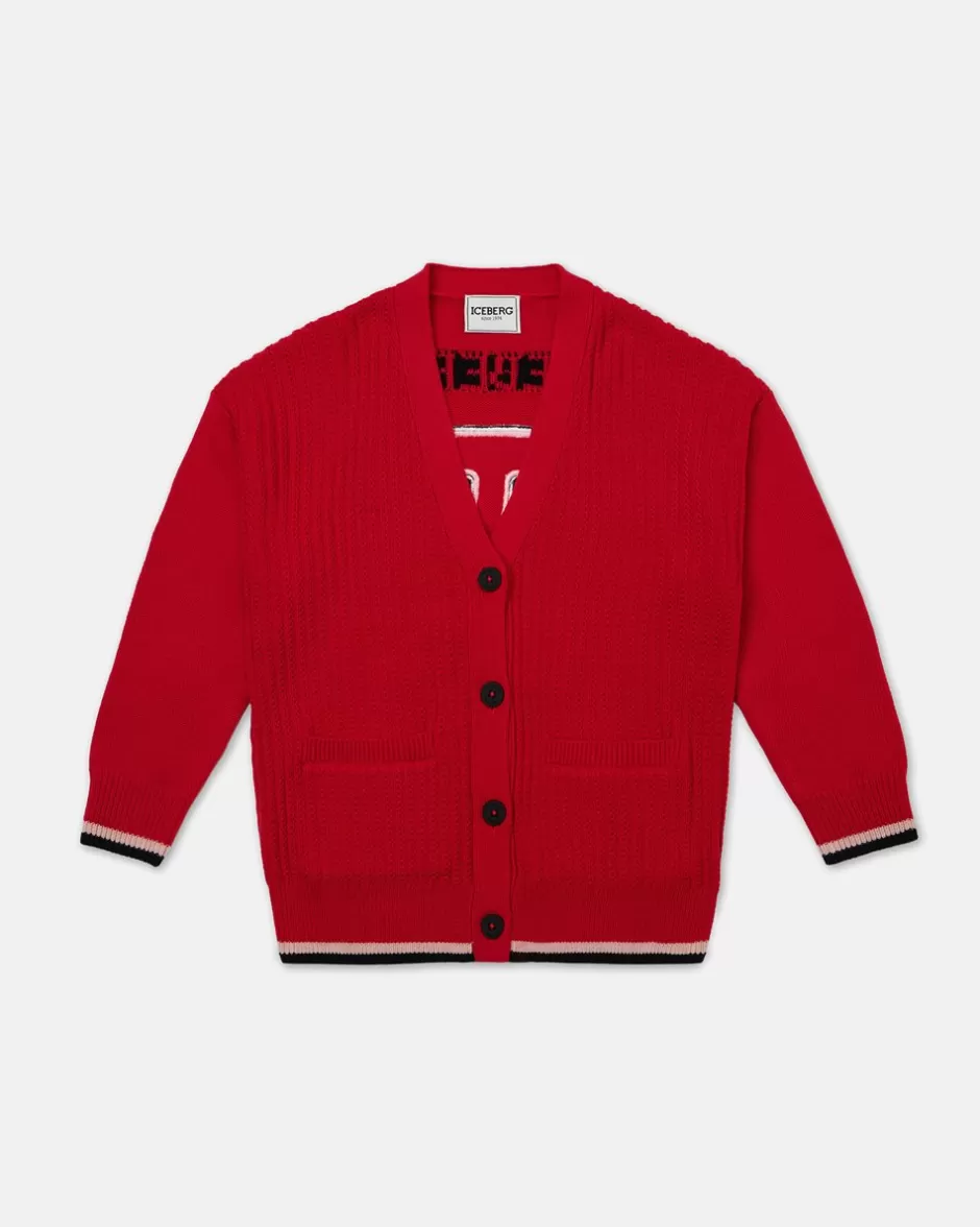 Cheap Red Wool Cardigan With Logo On The Back Kids Girl Fw24