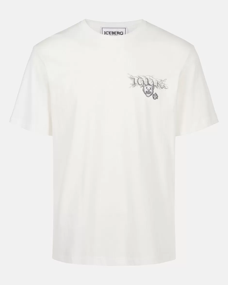 Discount White Cotton Jersey T-shirt With Splash And Bear Logo Print On The Heart T-Shirts And Polo