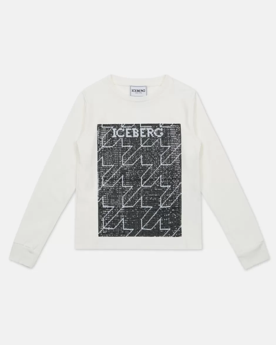 Fashion White Crewneck Sweatshirt With Houndstooth Pattern And Logo Kids Girl Fw24