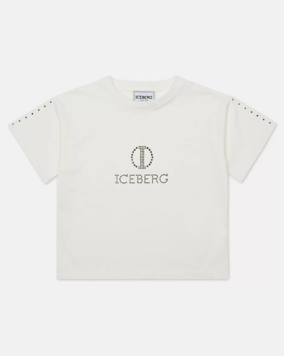 Cheap White Crop T-shirt With Studs And Logo Kids Girl Fw24